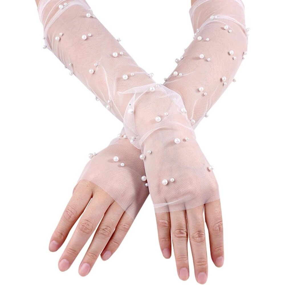 Women's White-1 Pairs Fingerless Pearls Tulle Lace Sheer Long Gloves Prom